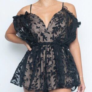 Black Embroidered Mesh Romper
